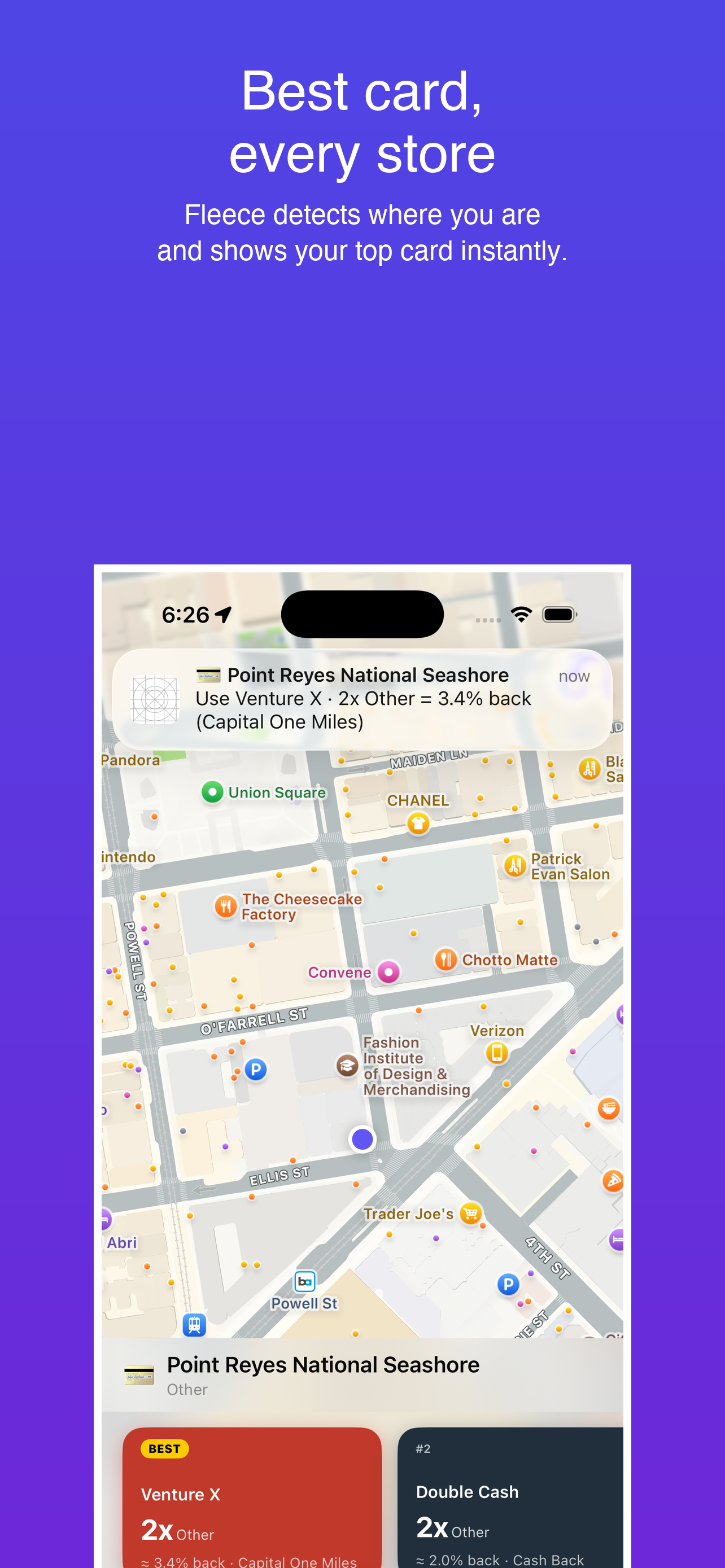 Home tab with map and card recommendation